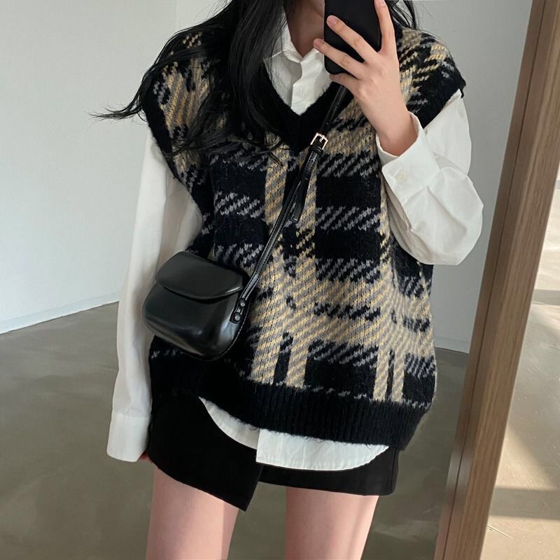 Women Formal Wear Korean - Клетчатые женские свитера, топы 2025 года,